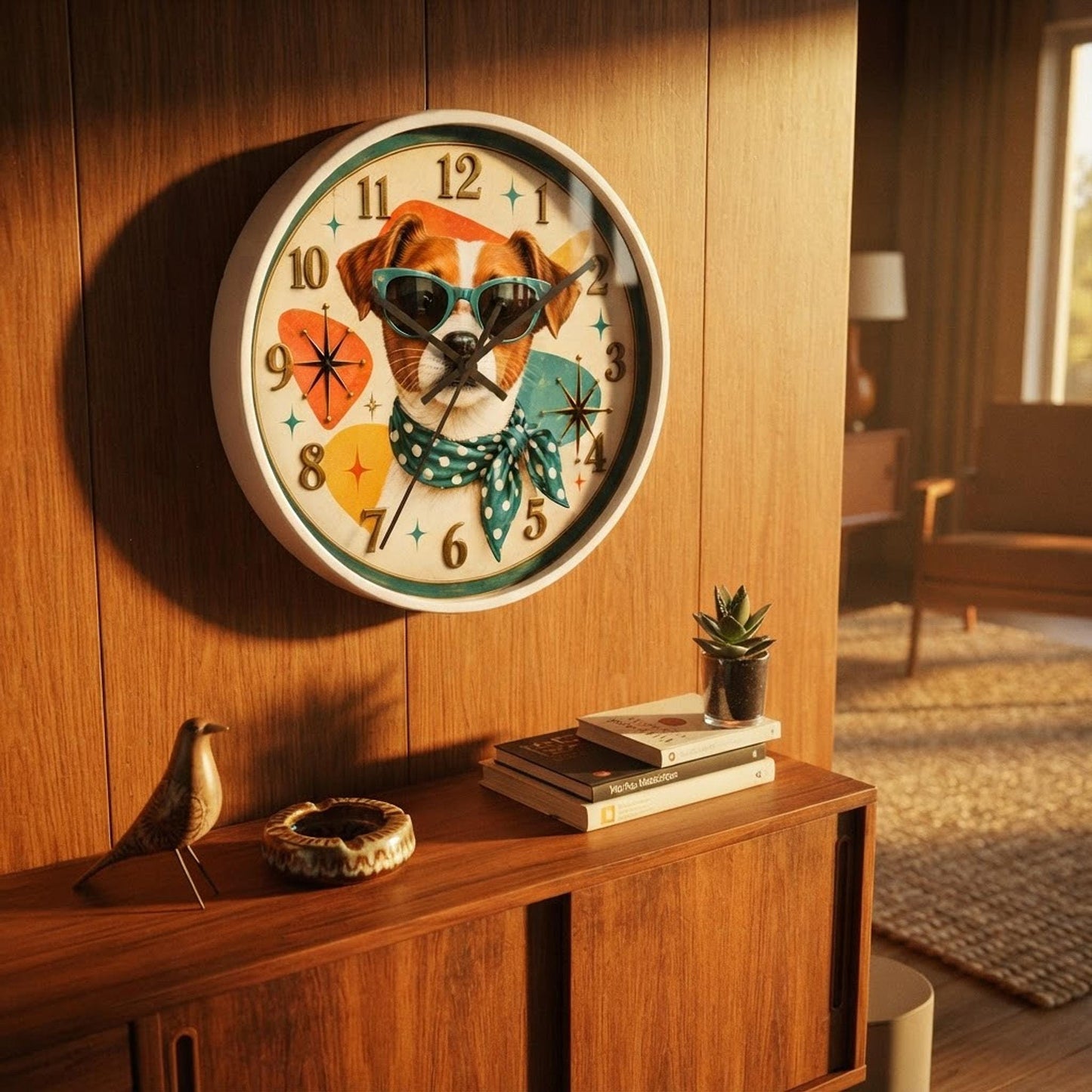 Atomic Wall Clock, 10-Inch Mid-Century Dog Art with Silent Mechanism