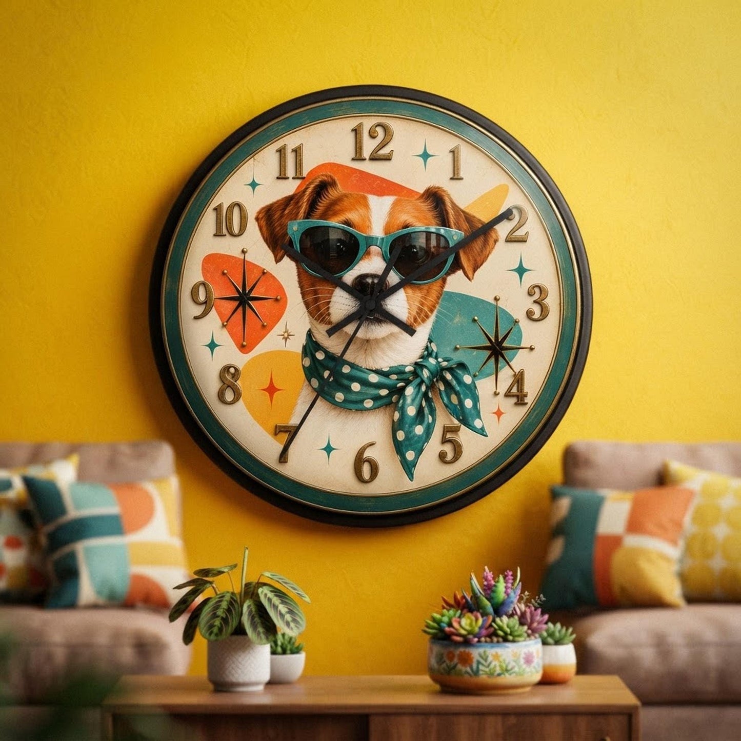 Atomic Wall Clock, 10-Inch Mid-Century Dog Art with Silent Mechanism