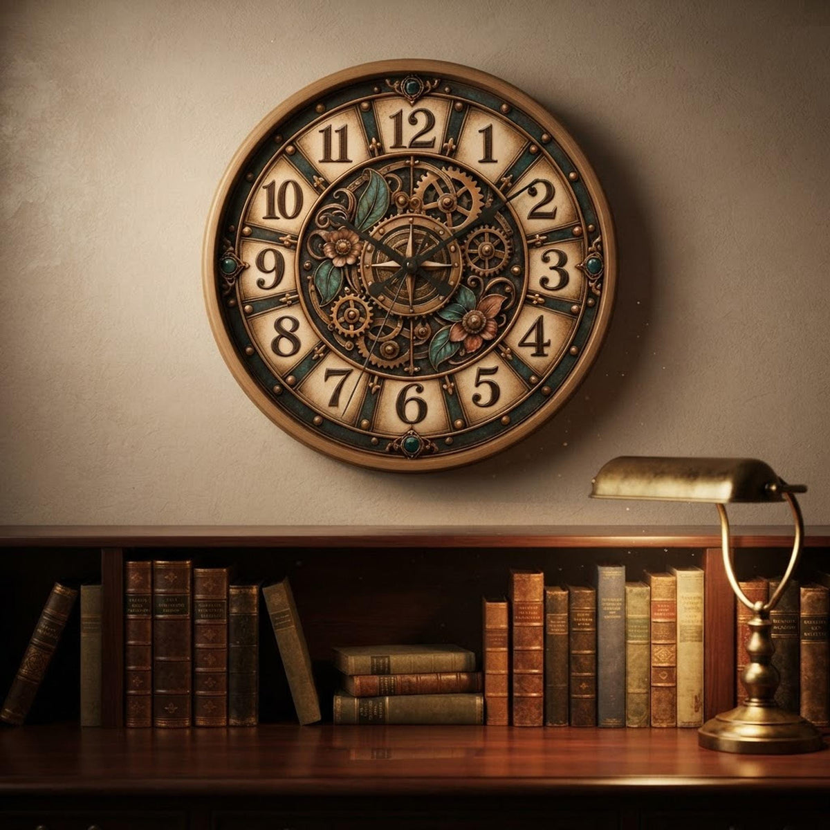 Steampunk Gear Wall Clock, 10-Inch Square Floral Design with Silent Movement