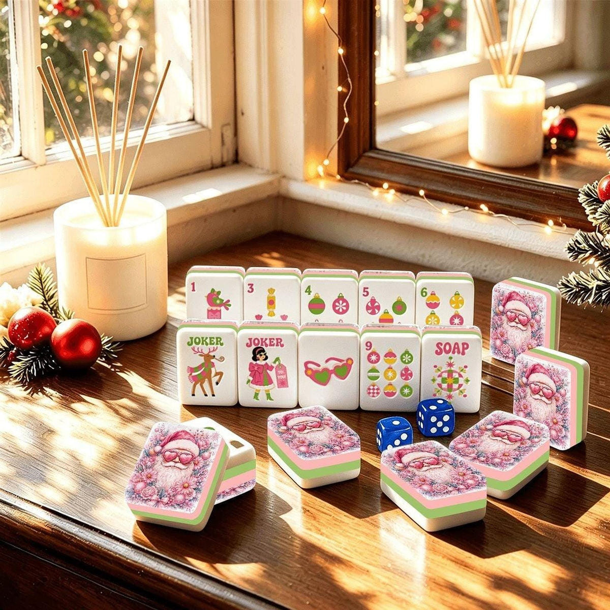 Pink American Mahjong Set, 160 Acrylic Tiles with Santa Holiday Artwork
