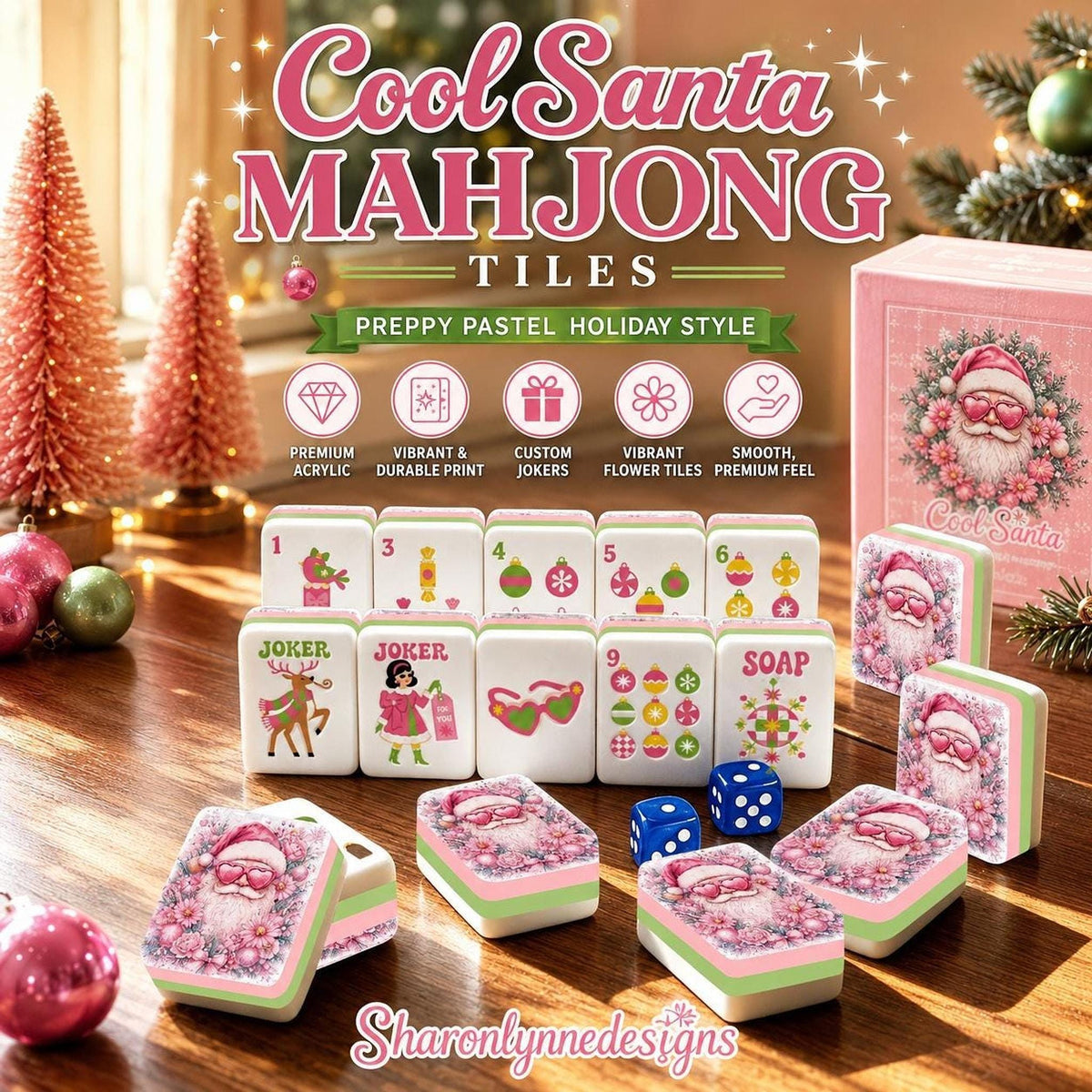 Santa American Mahjong Set, 160 Acrylic Tiles with Santa Holiday Artwork