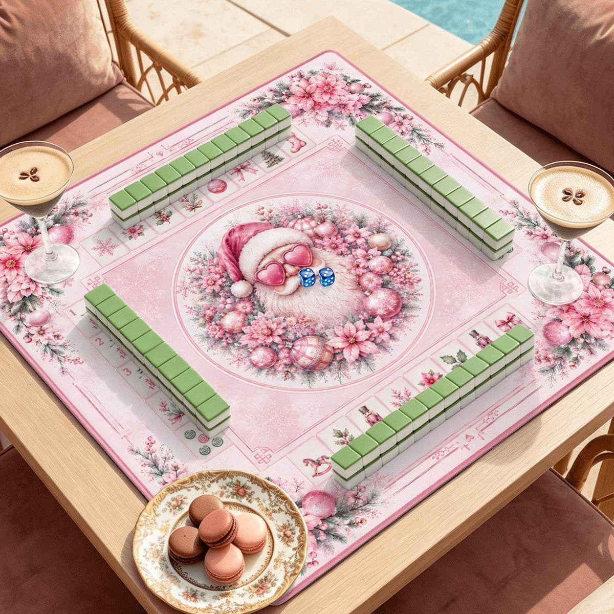 Pink Santa Mahjong Mat | Non-Slip Rubber Game Table Cover (Made in USA)
