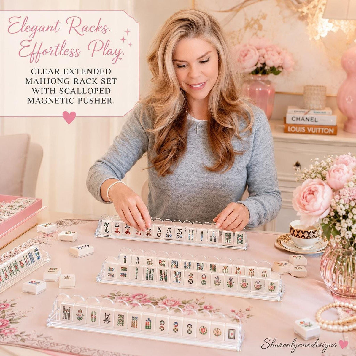 Clear Acrylic Mahjong Racks, Set of 4 with Scalloped Magnetic Pushers, 20.08-Inch Extended Design