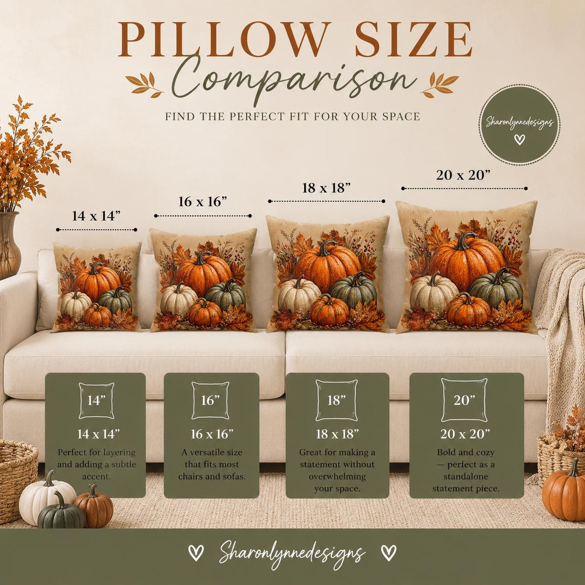Autumn Pillow Cover, Beige Faux Suede Square with Double-Sided Pumpkin Print