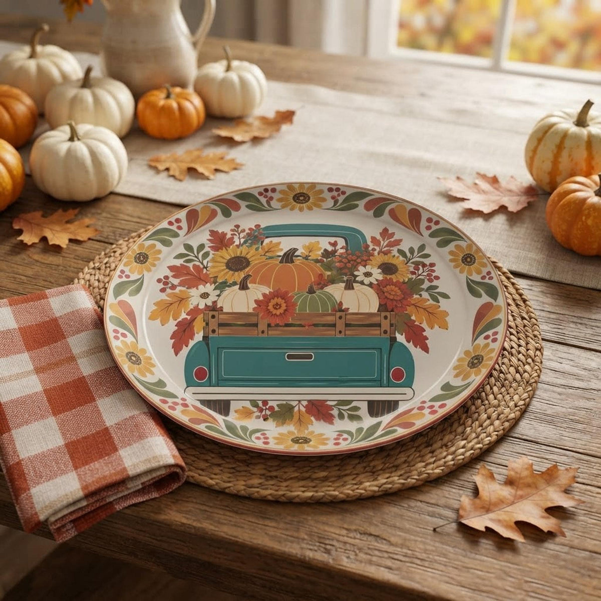 Fall Dinner Plate, 10-Inch Polymer with Vintage Teal Truck Design