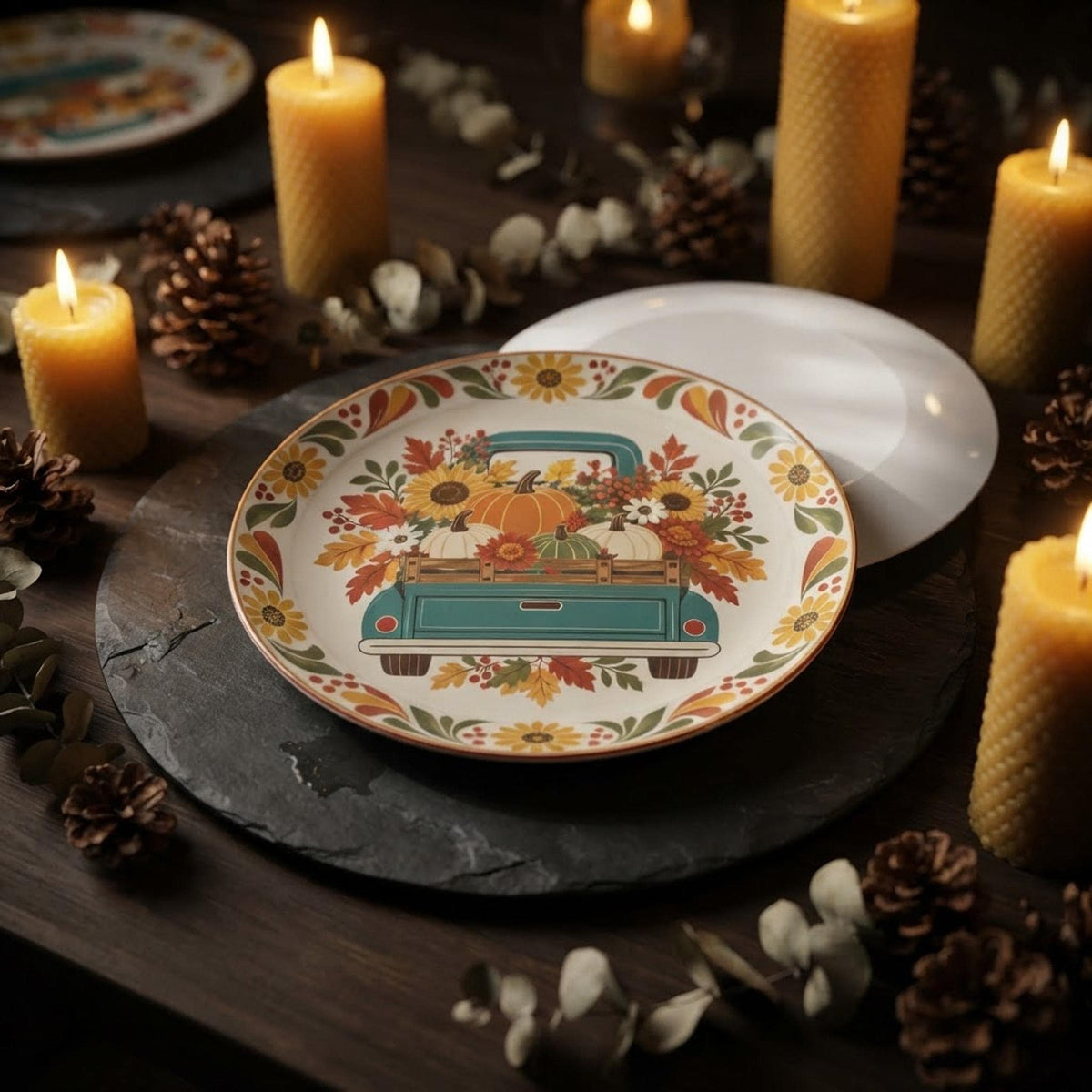 Fall Dinner Plate, 10-Inch Polymer with Vintage Teal Truck Design