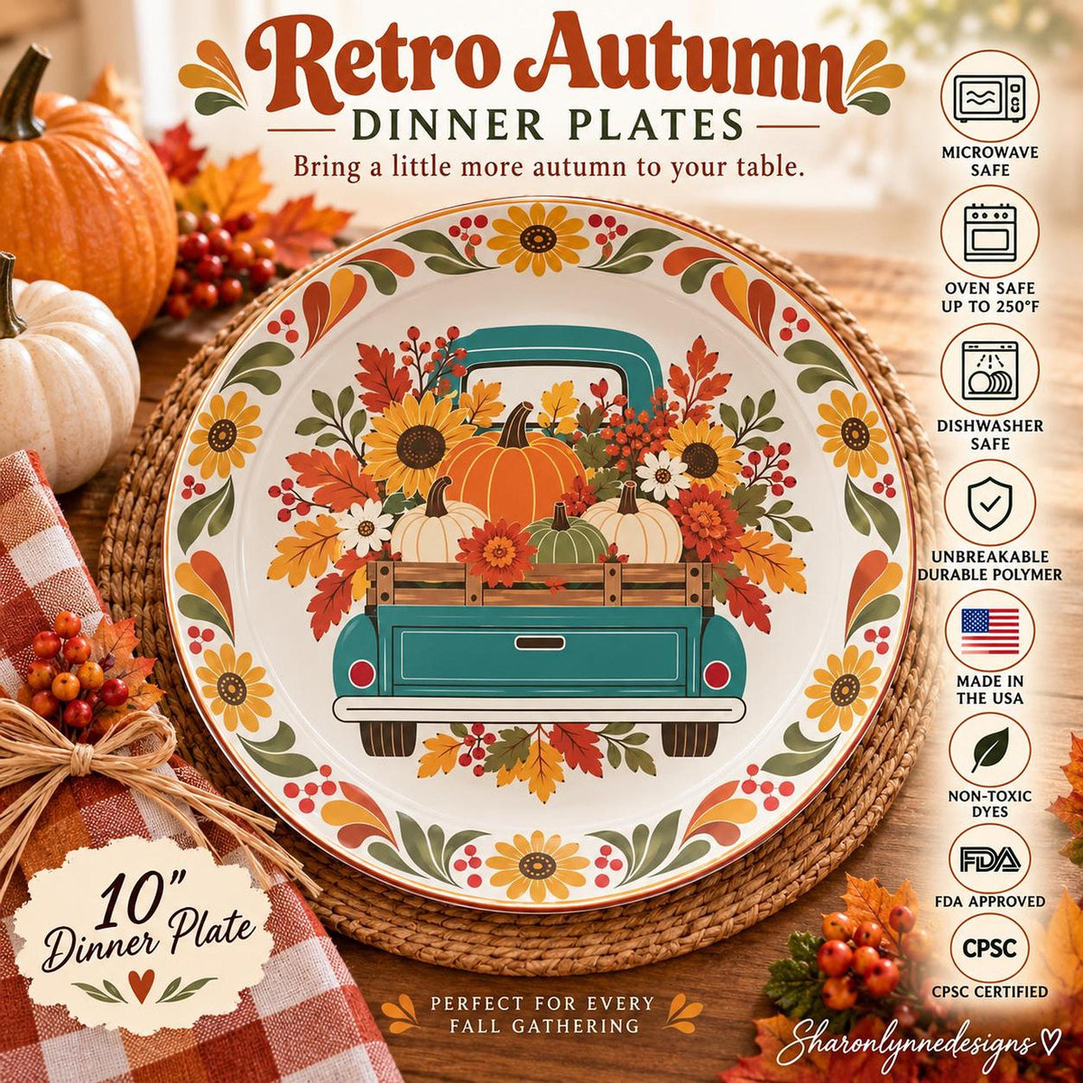 Fall Dinner Plate, 10-Inch Polymer with Vintage Teal Truck Design