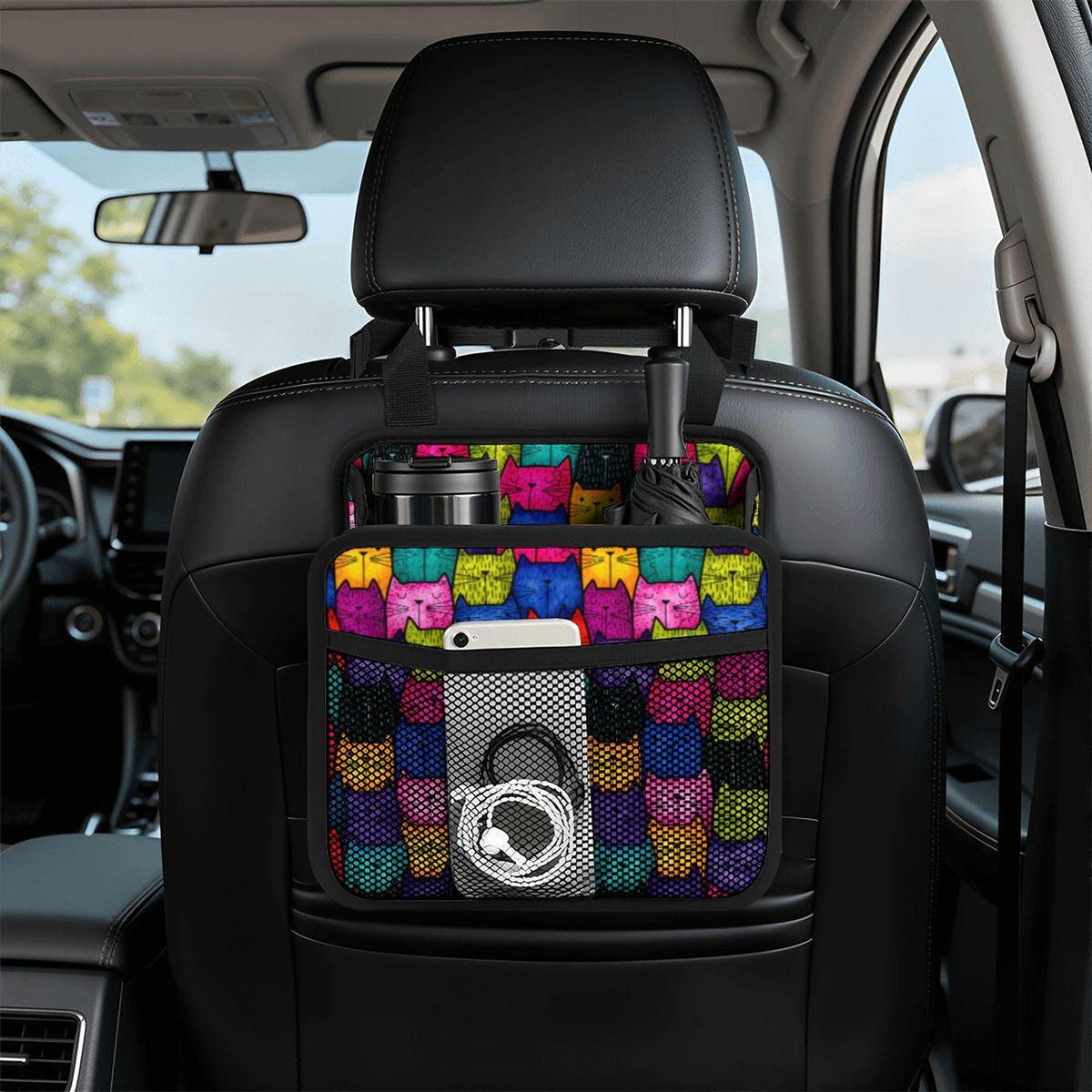 Car Seat Organizer, Colorful Retro Cat Print with PU Material and Mesh Pocket