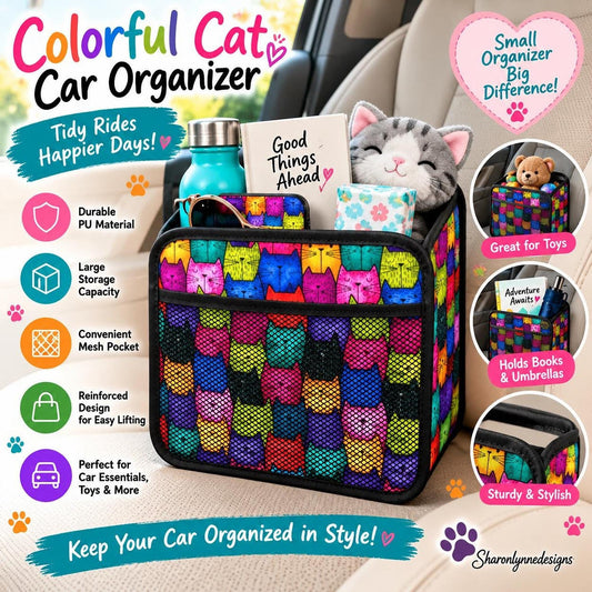 Car Seat Organizer, Colorful Retro Cat Print with PU Material and Mesh Pocket