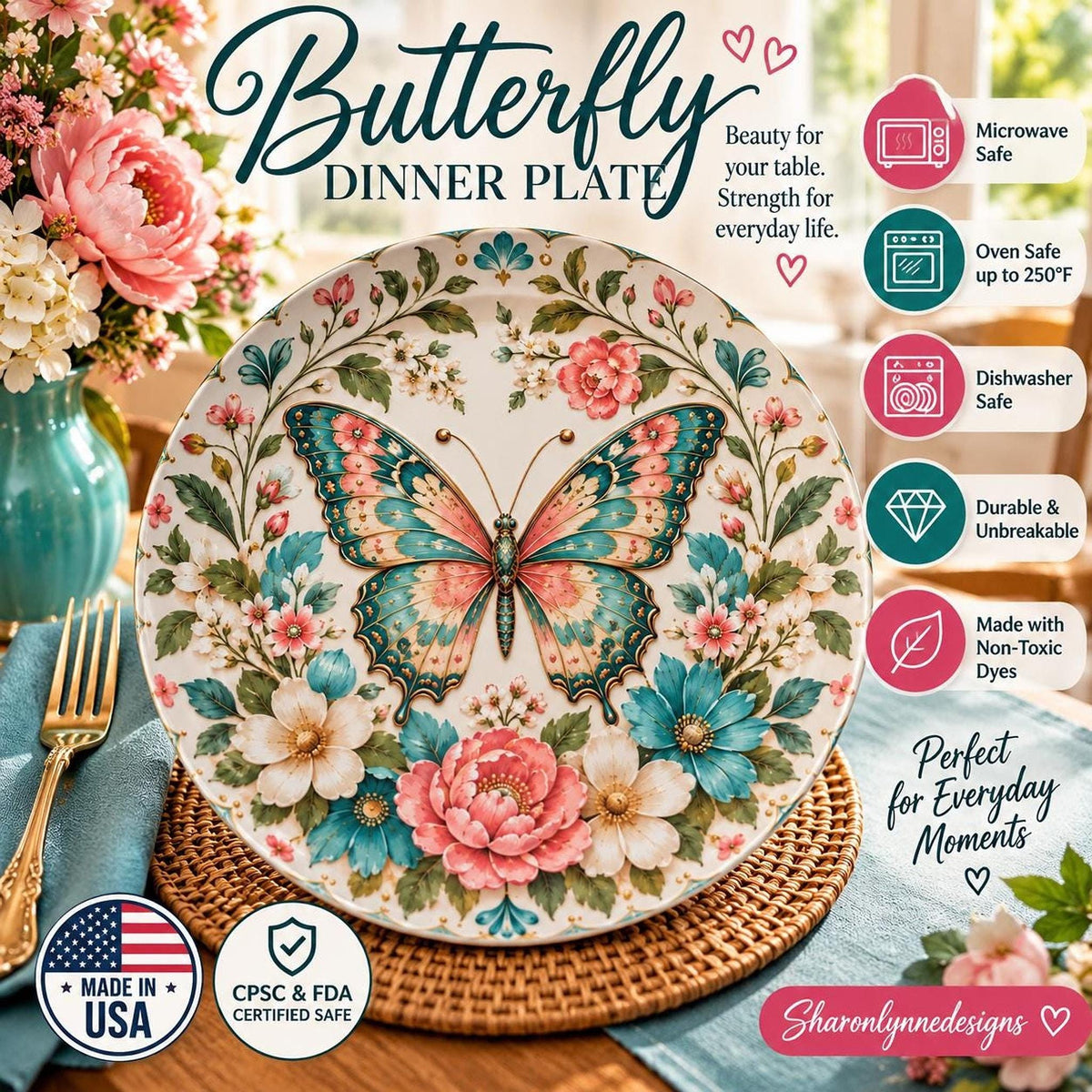 Butterfly Plate, 10-Inch Floral Dinnerware, Vintage-Inspired Polymer Made in USA