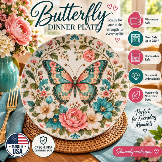 Butterfly Plate, 10-Inch Floral Dinnerware, Vintage-Inspired Polymer Made in USA