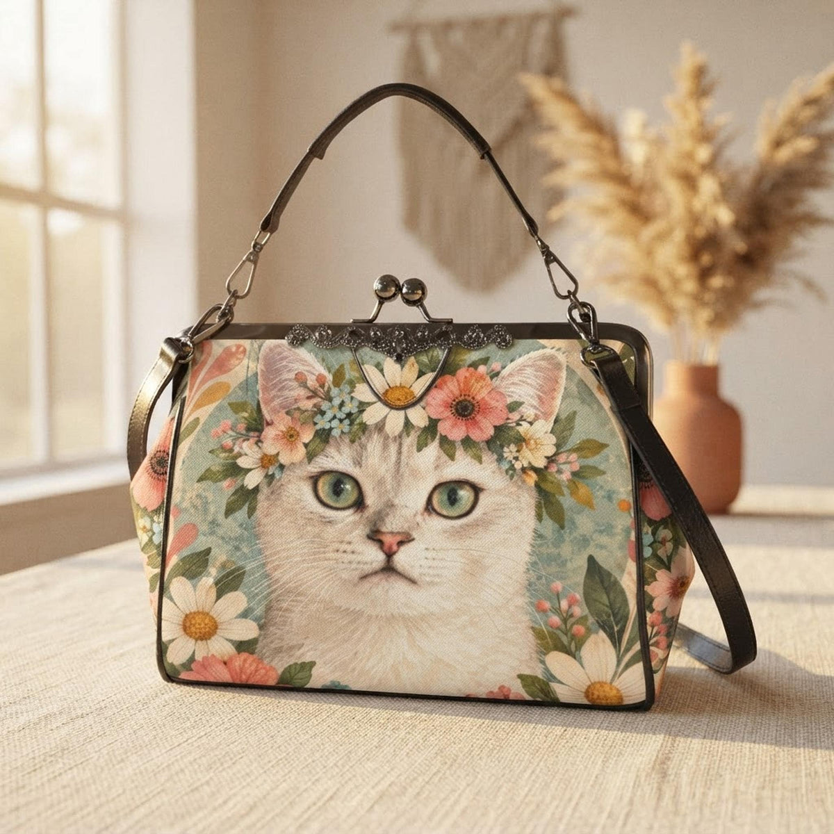 Kiss Lock Handbag, Waxed PU Leather Floral Cat Design, Removable Shoulder Strap