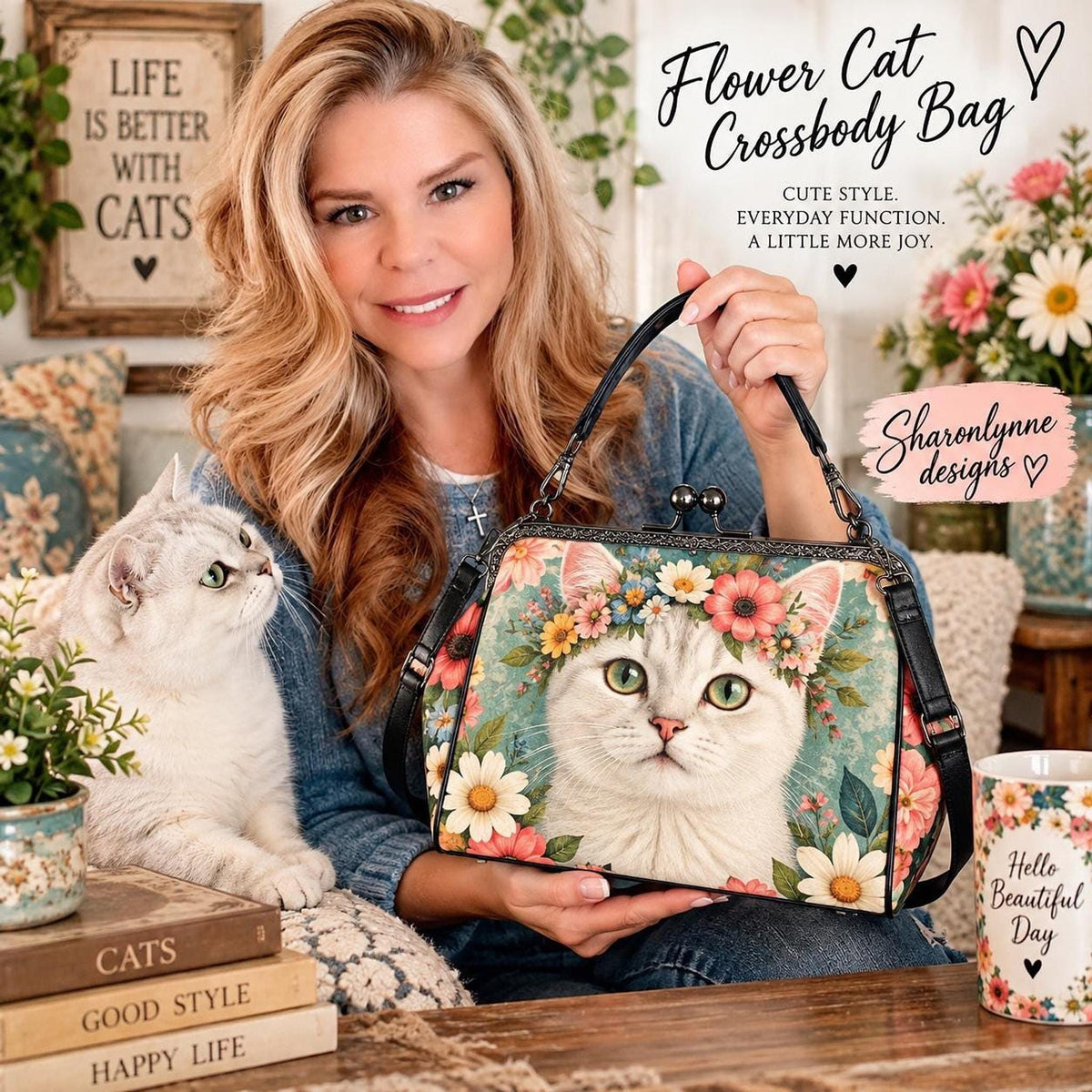 Kiss Lock Handbag, Waxed PU Leather Floral Cat Design, Removable Shoulder Strap
