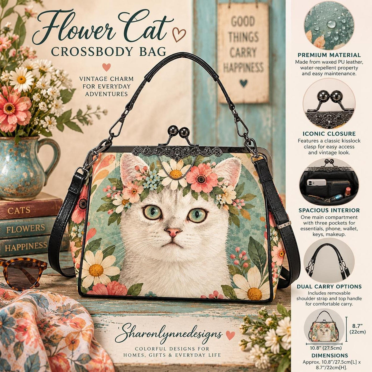Kiss Lock Handbag, Waxed PU Leather Floral Cat Design, Removable Shoulder Strap