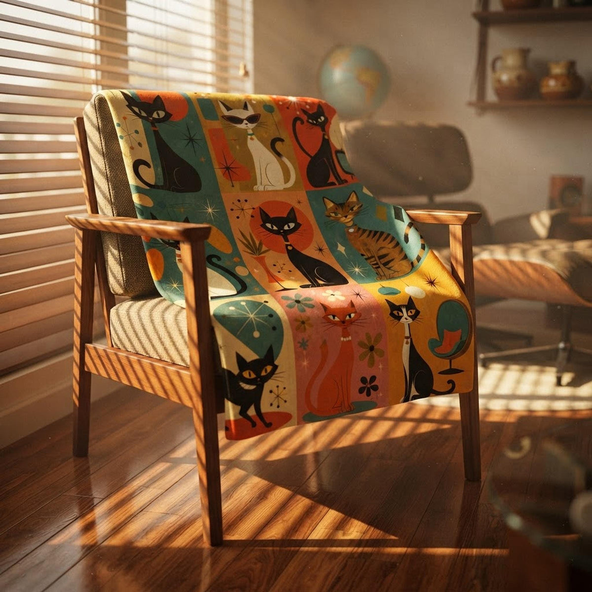 Retro Cat Flannel Throw Blanket – Mid-Century Kitty Decor, Made in USA