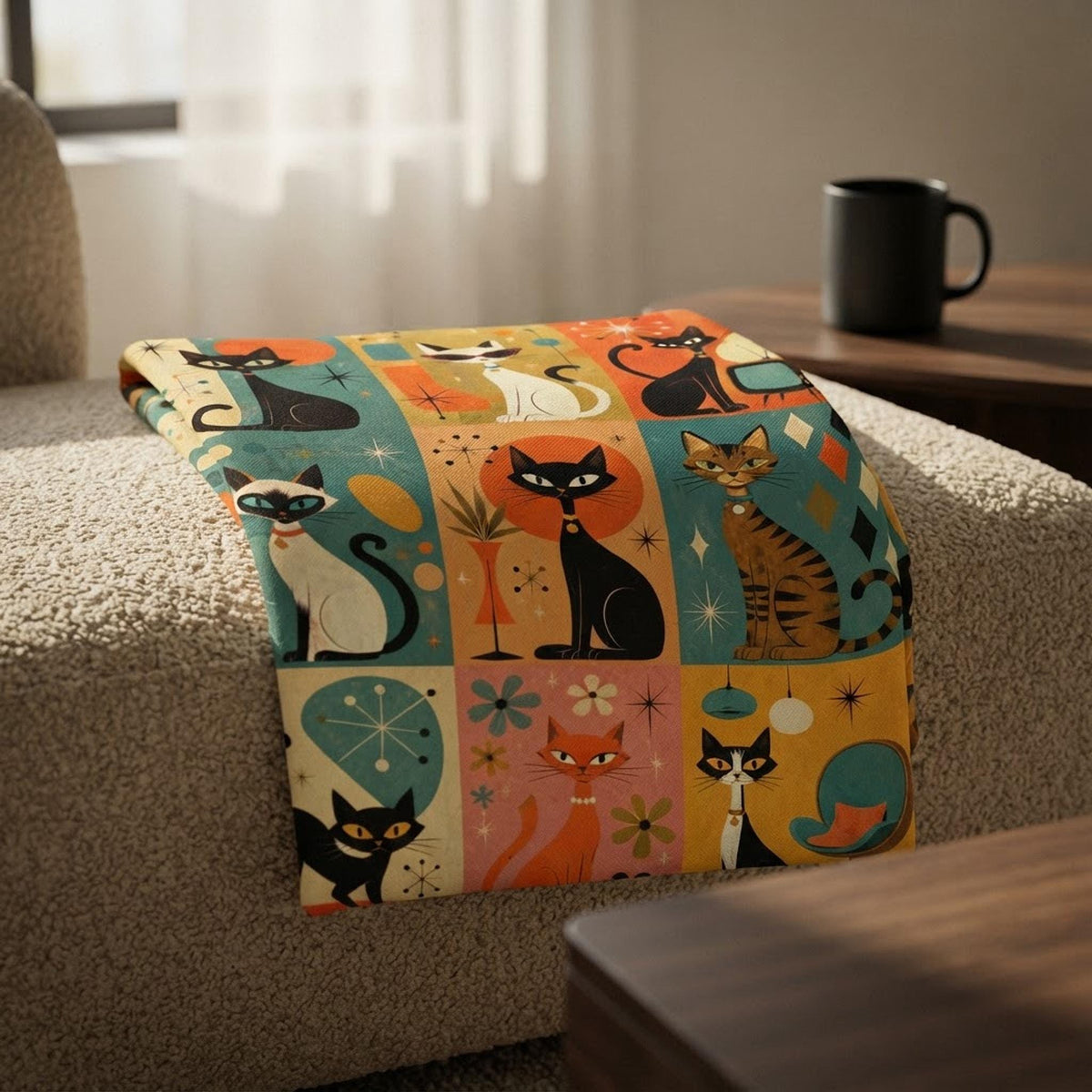 Retro Cat Flannel Throw Blanket – Mid-Century Kitty Decor, Made in USA