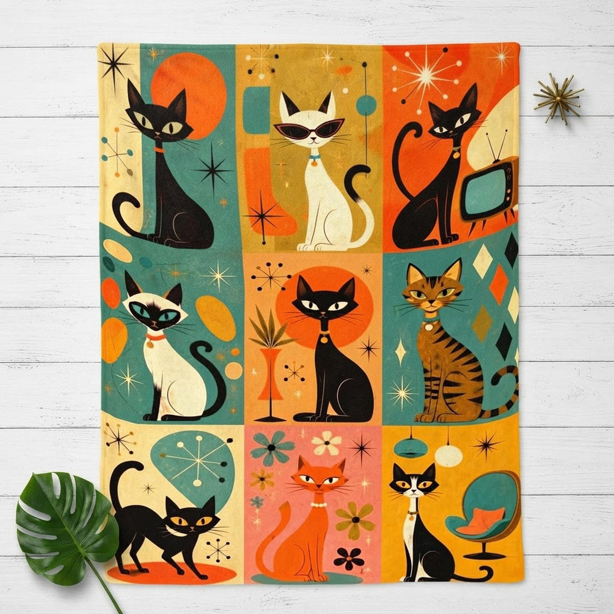 Retro Cat Flannel Throw Blanket – Mid-Century Kitty Decor, Made in USA