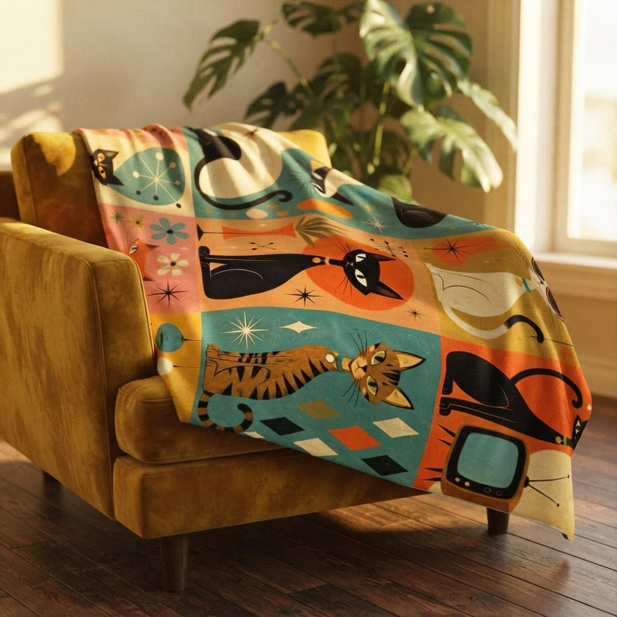 Retro Cat Flannel Throw Blanket – Mid-Century Kitty Decor, Made in USA