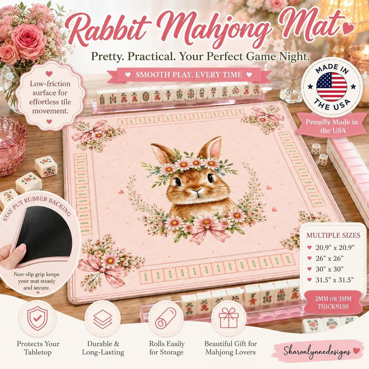 Rabbit Mahjong Mat, Pink Floral Design with Non-Slip Rubber Backing