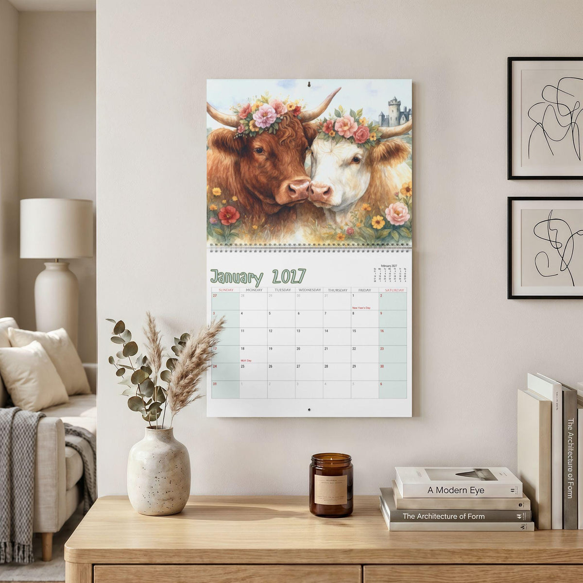 Highland Cow Calendar 2027, Floral Wall Planner with Wire Binding