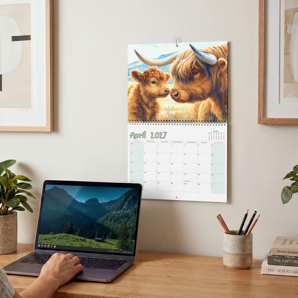 Highland Cow Calendar 2027, Floral Wall Planner with Wire Binding