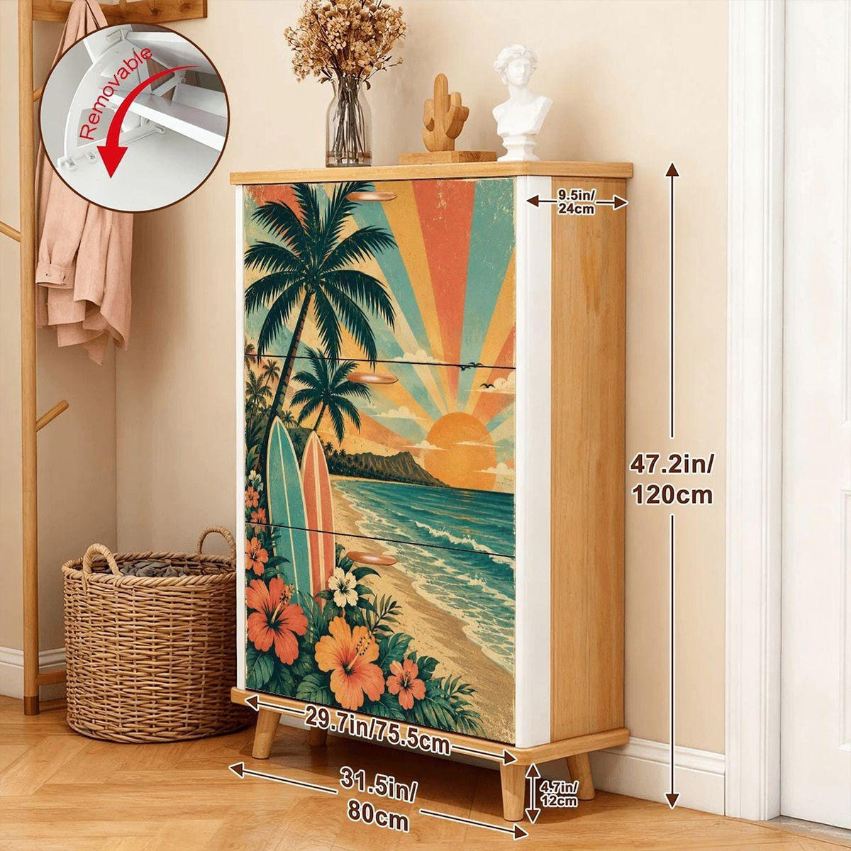 Retro Beach Shoe Cabinet, 31.5-Inch MDF Storage with Three Foldable Flip Drawers