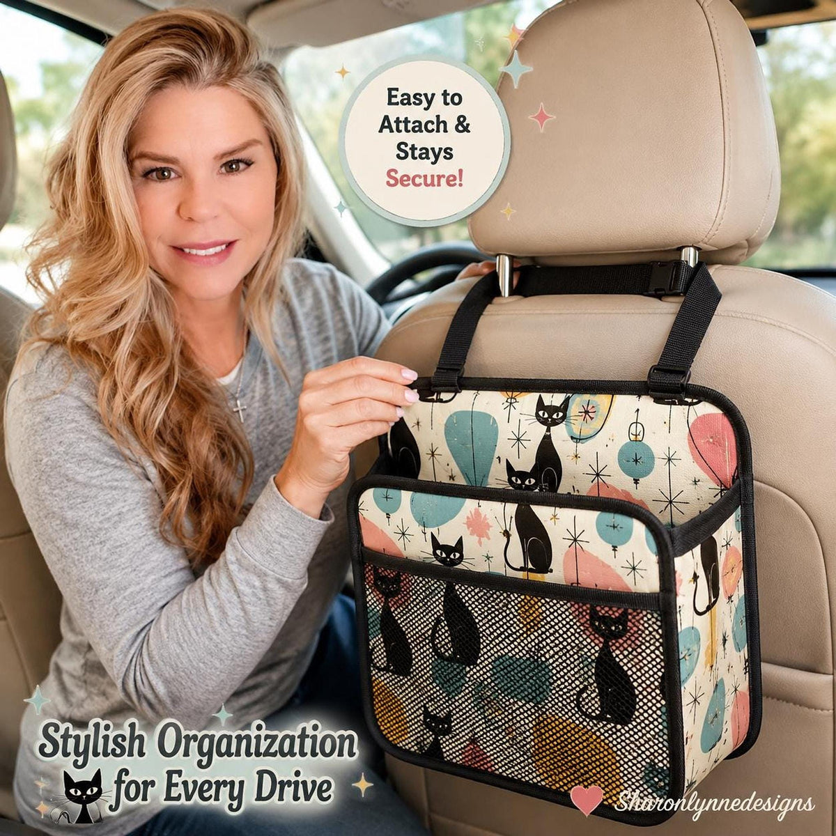 Retro Cat Car Seat Organizer, PU Storage with Mesh Pocket