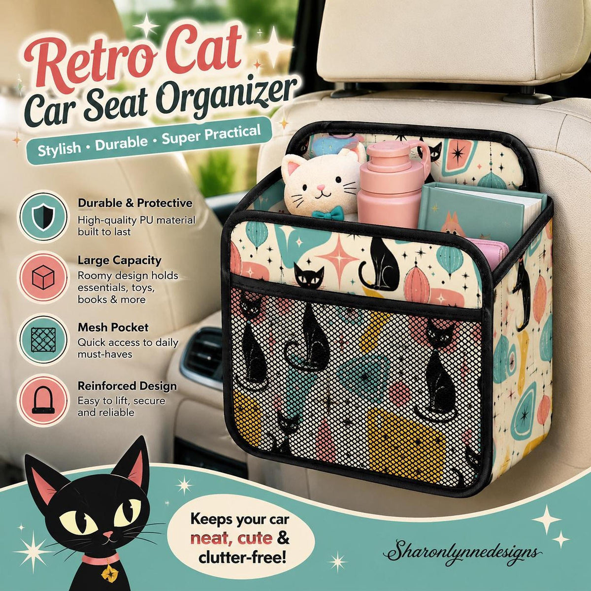 Retro Cat Car Seat Organizer, PU Storage with Mesh Pocket