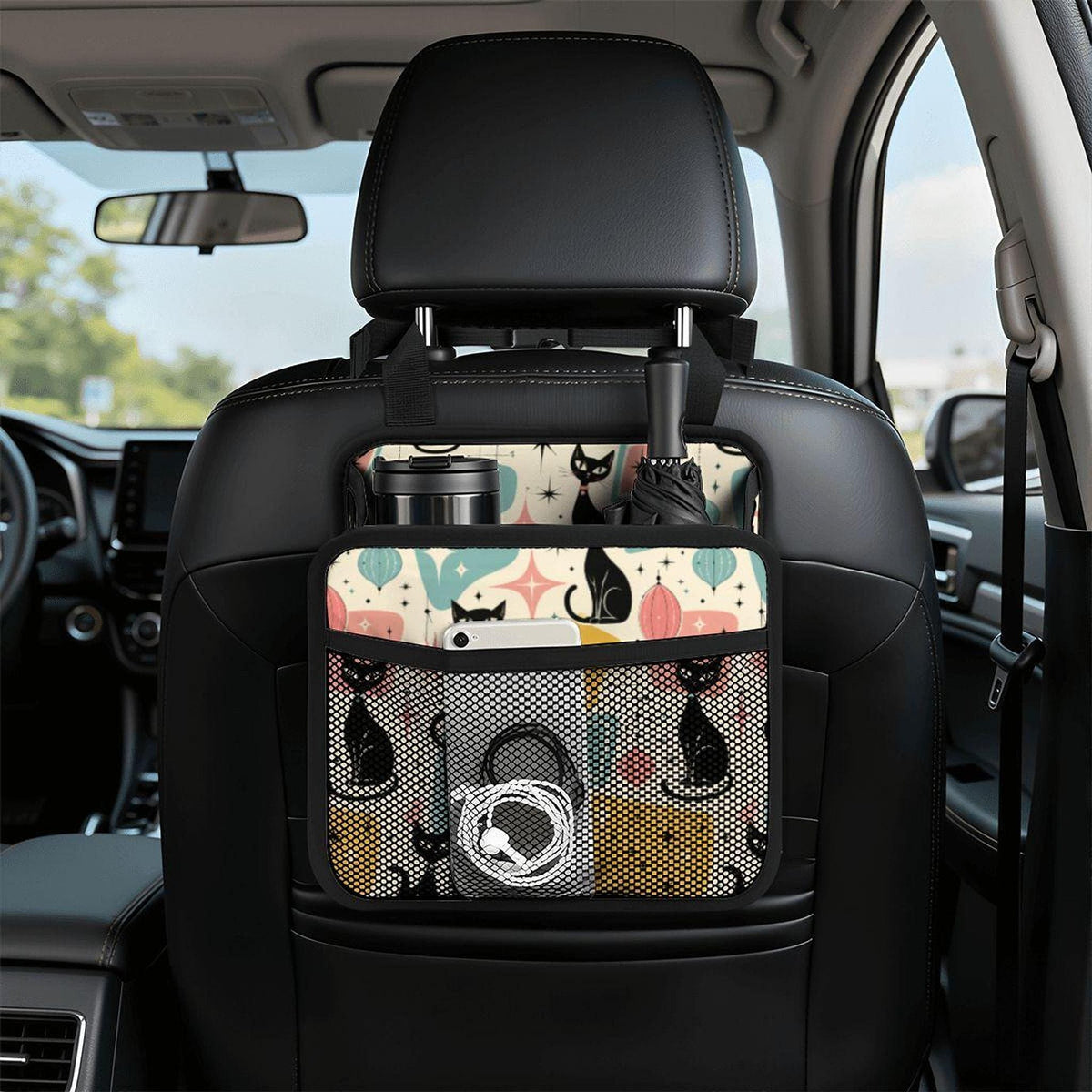 Retro Cat Car Seat Organizer, PU Storage with Mesh Pocket