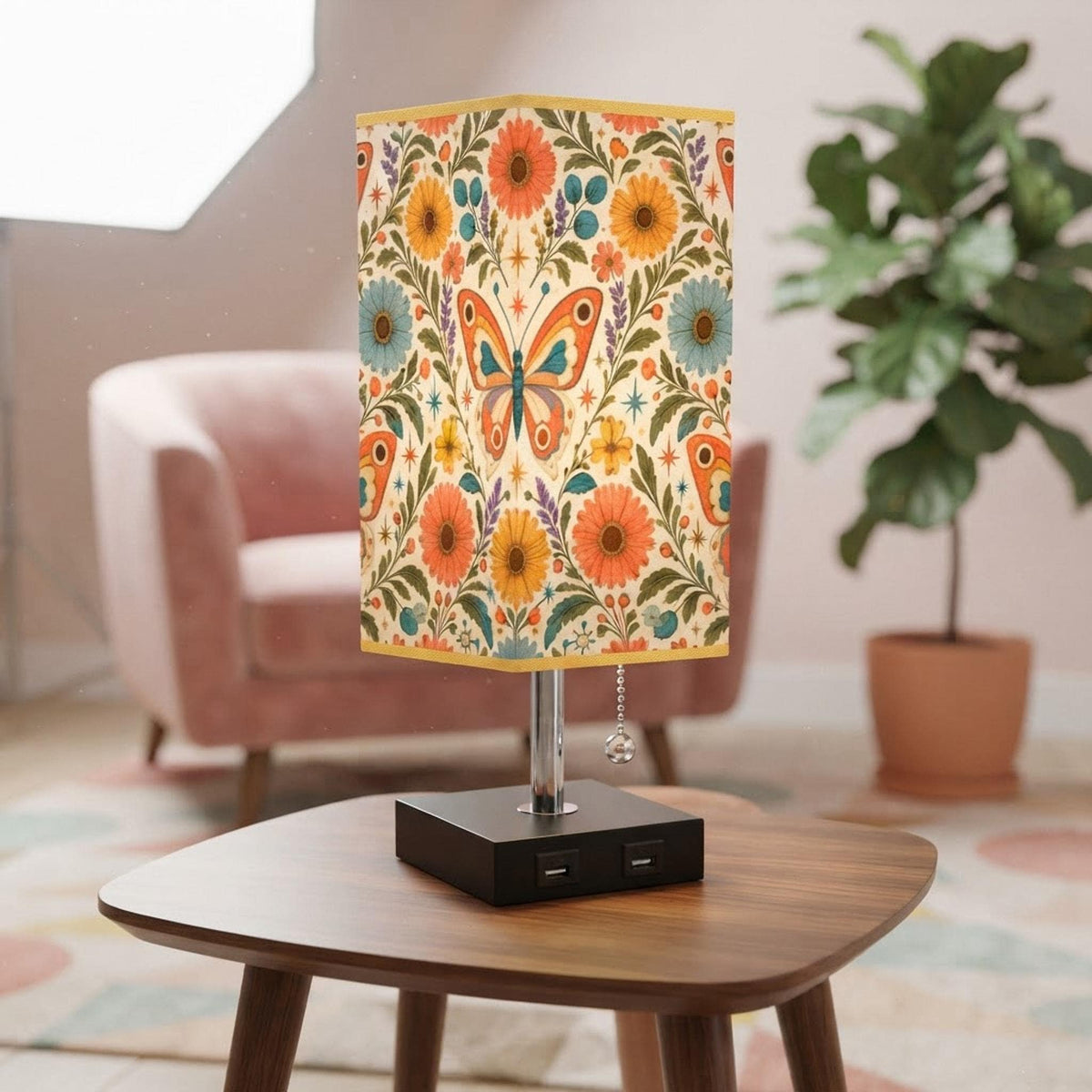 Butterfly Table Lamp, Linen Shade With Gold Trim, USB Ports And 16-Color LED