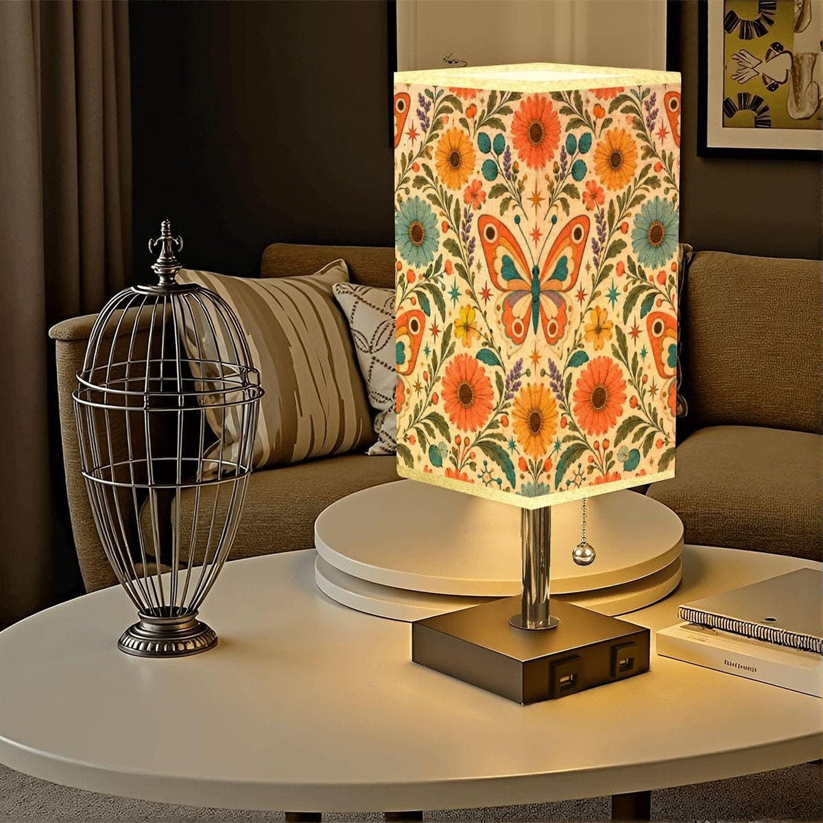 Butterfly Table Lamp, Linen Shade With Gold Trim, USB Ports And 16-Color LED