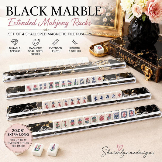 Black Marble Mahjong Racks, Set Of 4 with 20.08-Inch Acrylic and Scalloped Magnetic Pushers