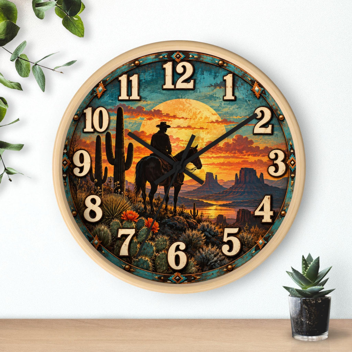 Western Wall Clock, Cowboy Sunset Scene with Plexiglass Face and Silent Sweep