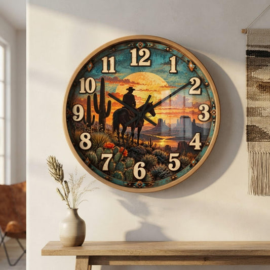 Western Wall Clock, Cowboy Sunset Scene with Plexiglass Face and Silent Sweep