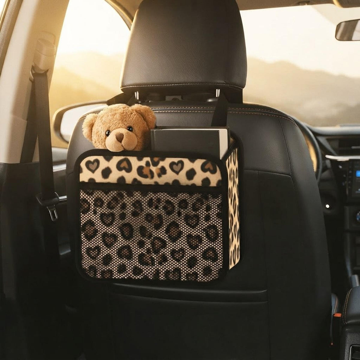 Cheetah Print Car Organizer, PU Storage Caddy with Mesh Pocket