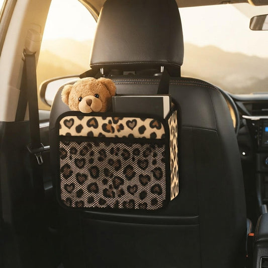 Cheetah Print Car Organizer, PU Storage Caddy with Mesh Pocket