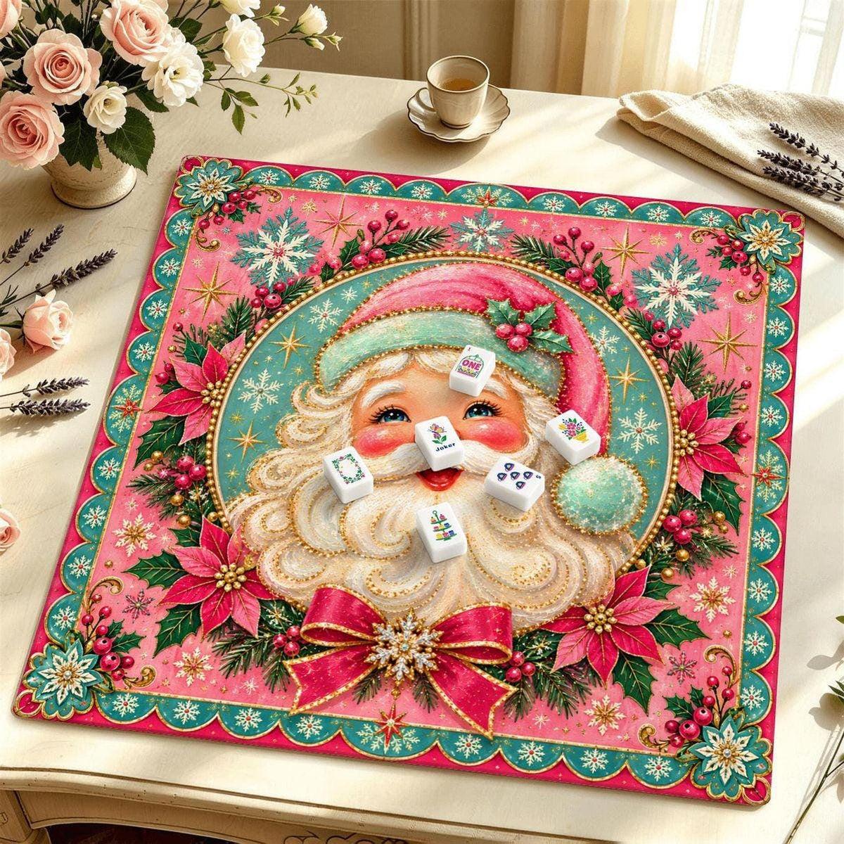 Santa Mahjong Mat, Pink Christmas Design with Non-Slip Rubber Backing