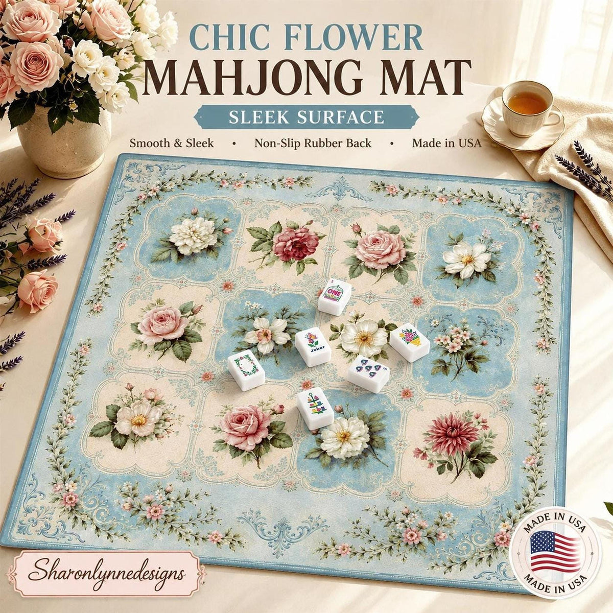 Floral Mahjong Mat, Smooth Polyester Surface with Non-Slip Rubber Backing