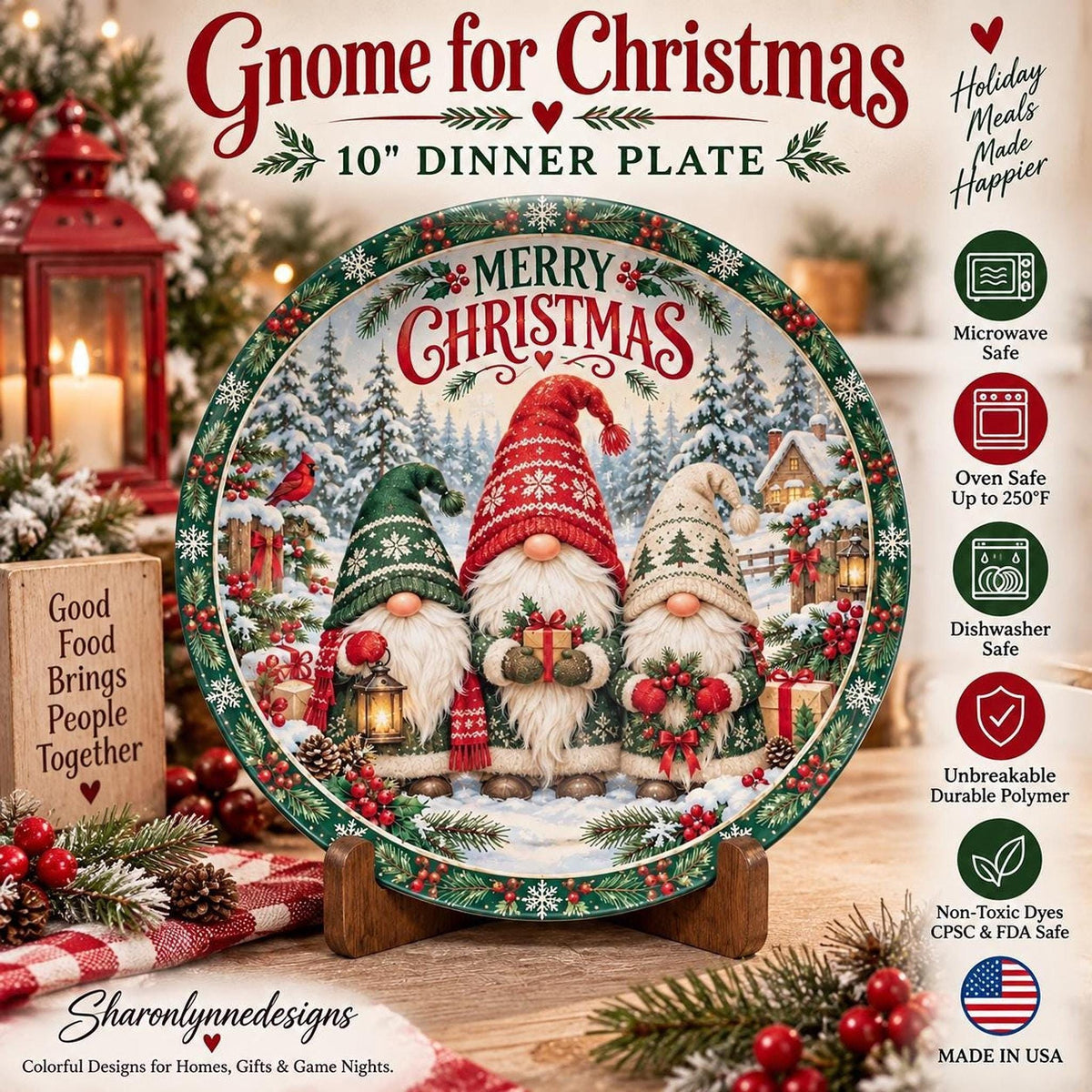 Christmas Gnome Plate, 10-Inch Polymer Dinnerware, Microwave And Dishwasher Safe