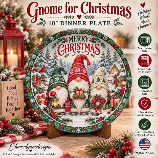 Christmas Gnome Plate, 10-Inch Polymer Dinnerware, Microwave And Dishwasher Safe