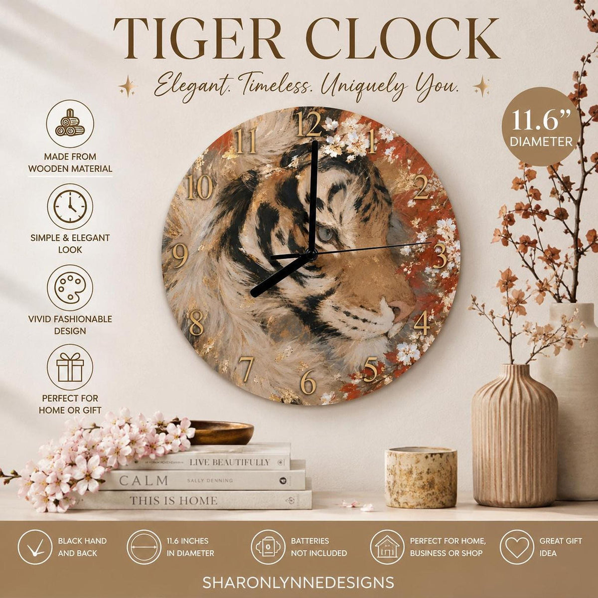 Tiger Wall Clock, 11.6-Inch MDF Decor with Frameless Wildlife Art