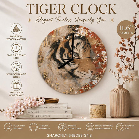 Tiger Wall Clock, 11.6-Inch MDF Decor with Frameless Wildlife Art