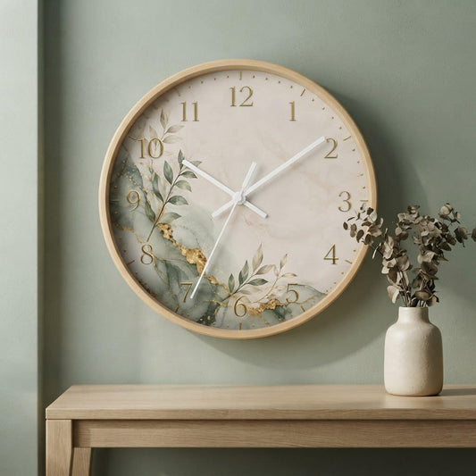 Botanical Marble Wall Clock | Green Gold Leaf Accent