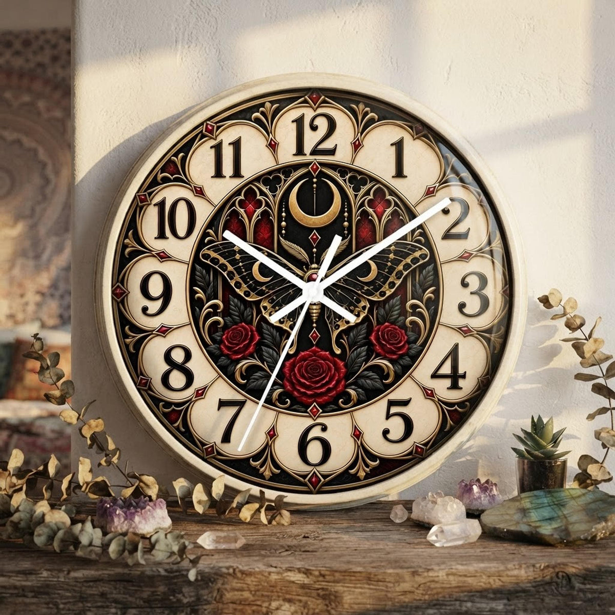 Gothic Wall Clock, Moth Crescent Moon Artwork, 10-Inch Plexiglass Face, Silent Wooden Frame