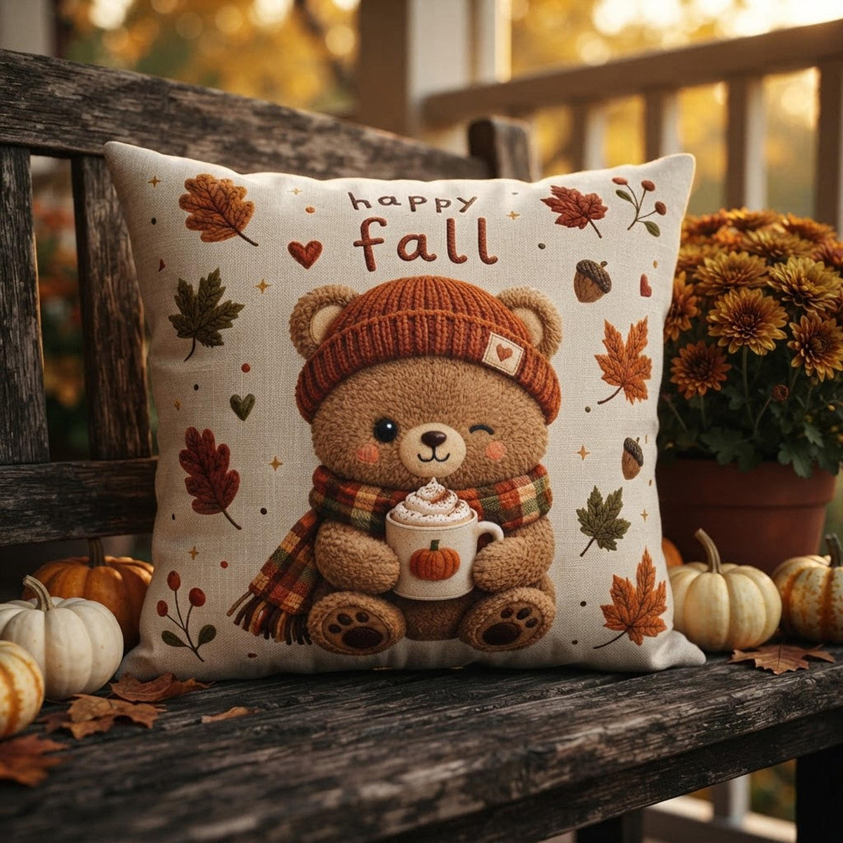 Cozy Sofa Pillow, Faux Suede Pillowcase with Double-Sided Fall Bear Print