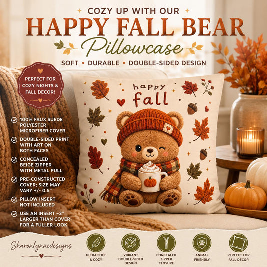 Cozy Sofa Pillow, Faux Suede Pillowcase with Double-Sided Fall Bear Print