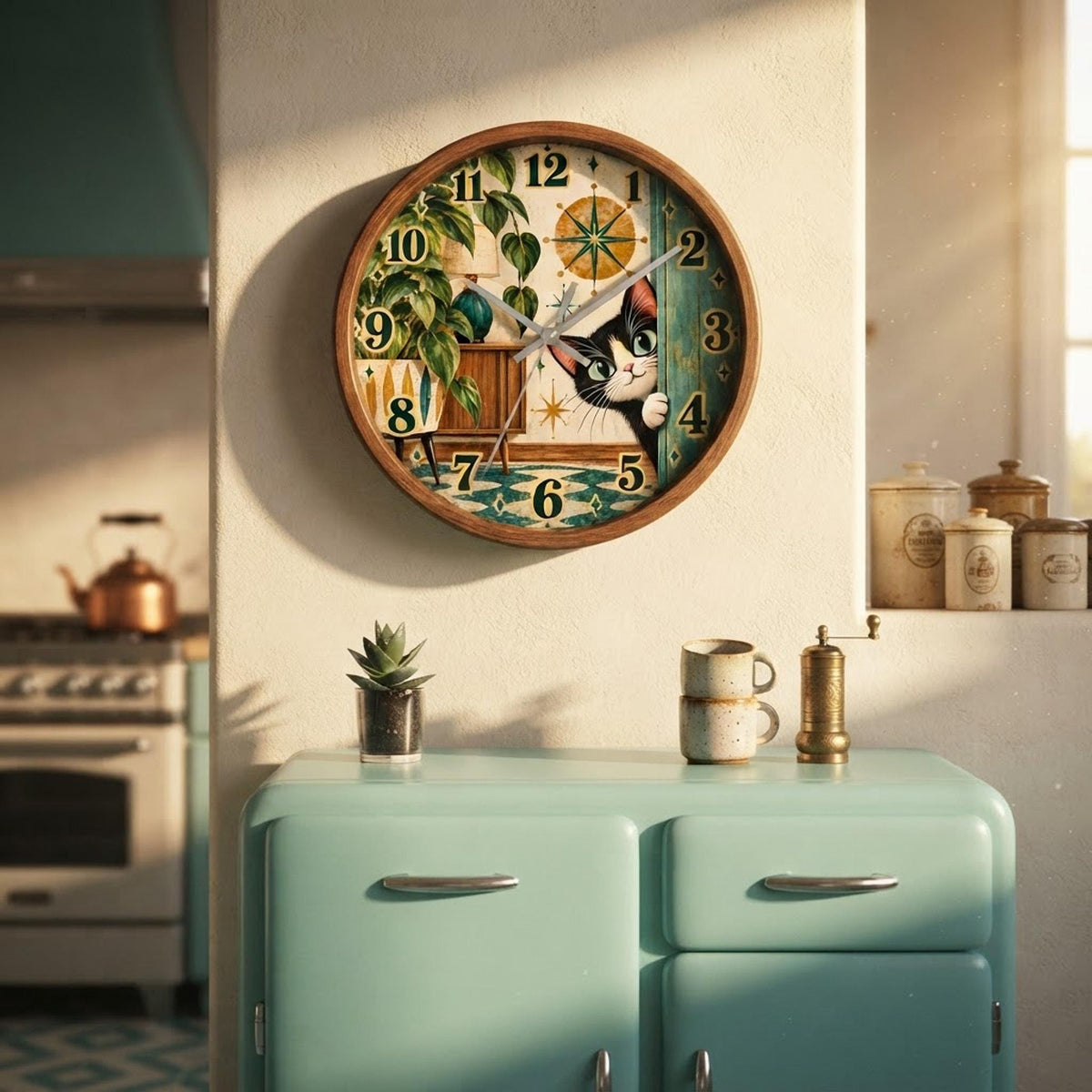 Peeking Tuxedo Cat Wall Clock | Midcentury Starburst Retro Home Decor