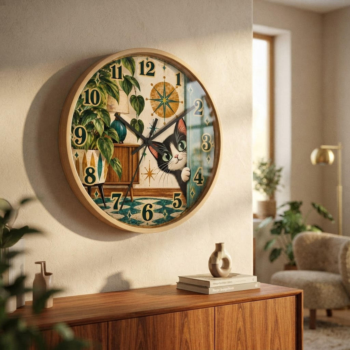 Peeking Tuxedo Cat Wall Clock | Midcentury Starburst Retro Home Decor