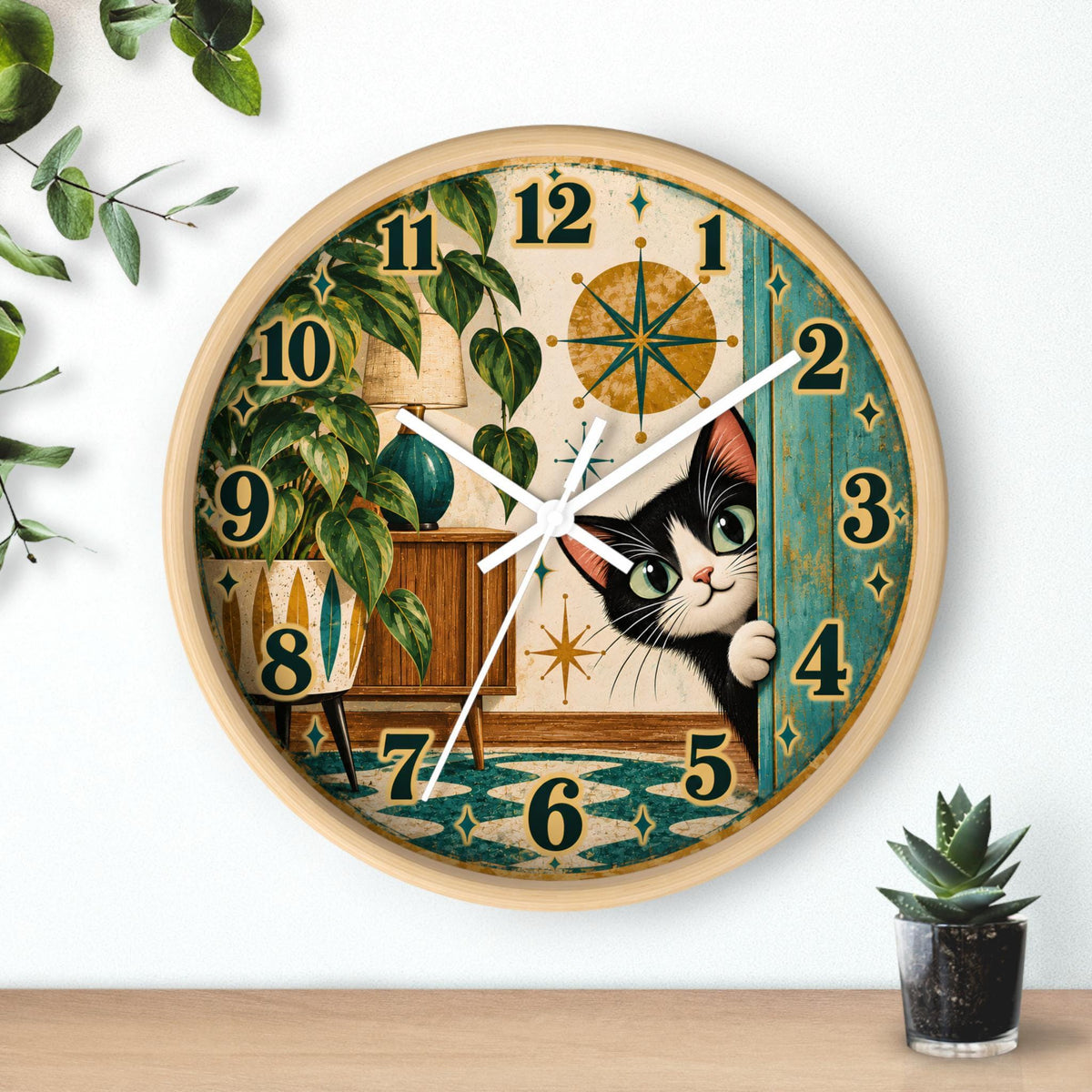 Peeking Tuxedo Cat Wall Clock | Midcentury Starburst Retro Home Decor