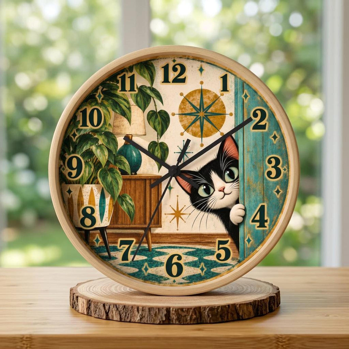 Peeking Tuxedo Cat Wall Clock | Midcentury Starburst Retro Home Decor